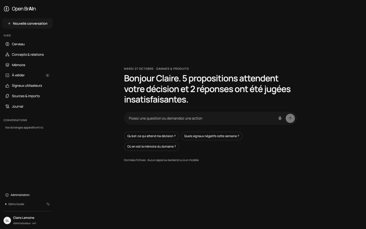 Accueil de la console en thème sombre
