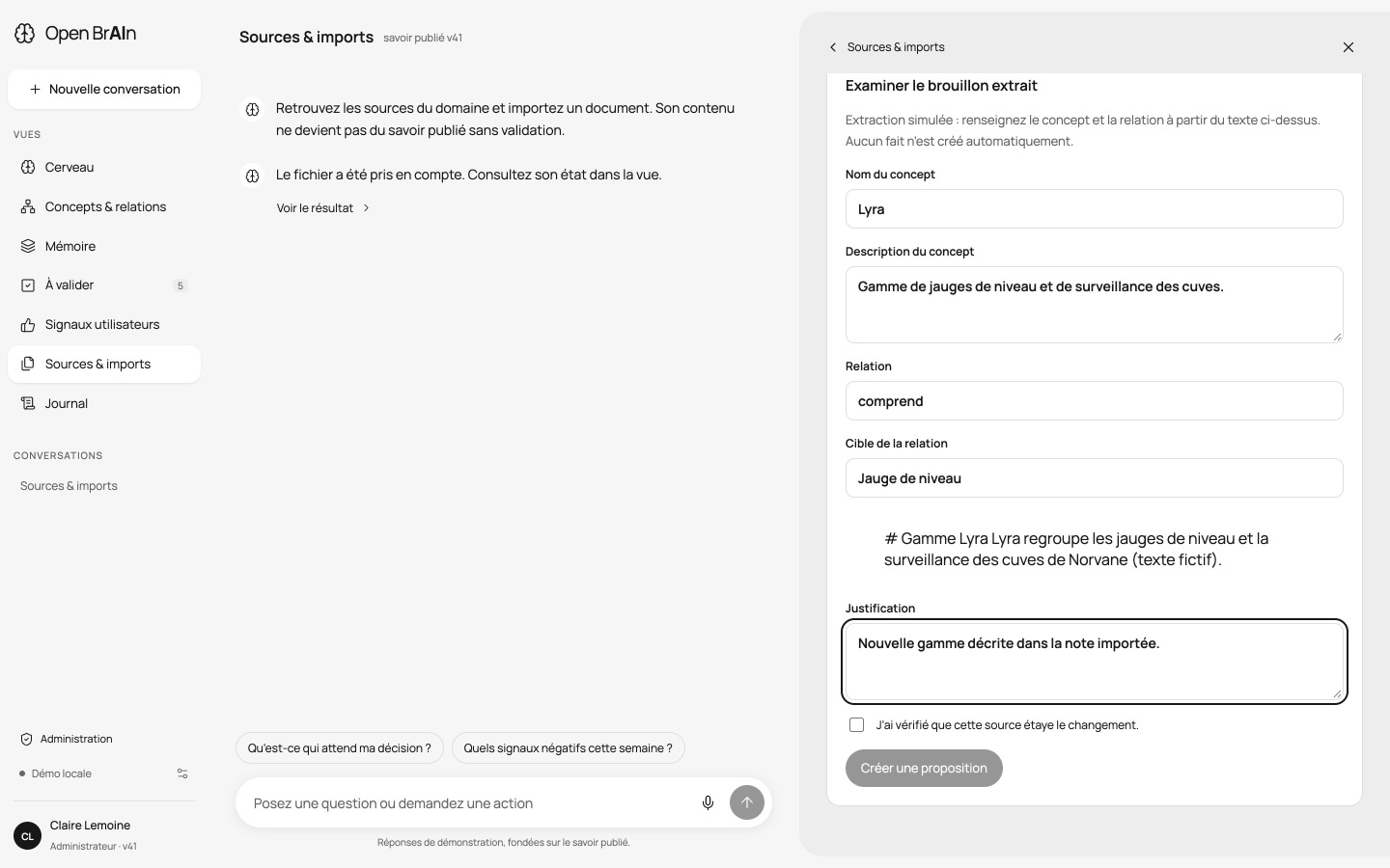 Brouillon extrait d’un fichier importé, à compléter avant de créer une proposition