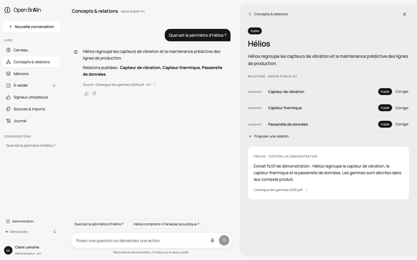 Console Open BrAIn : une question, une réponse citée et la fiche du concept avec sa preuve