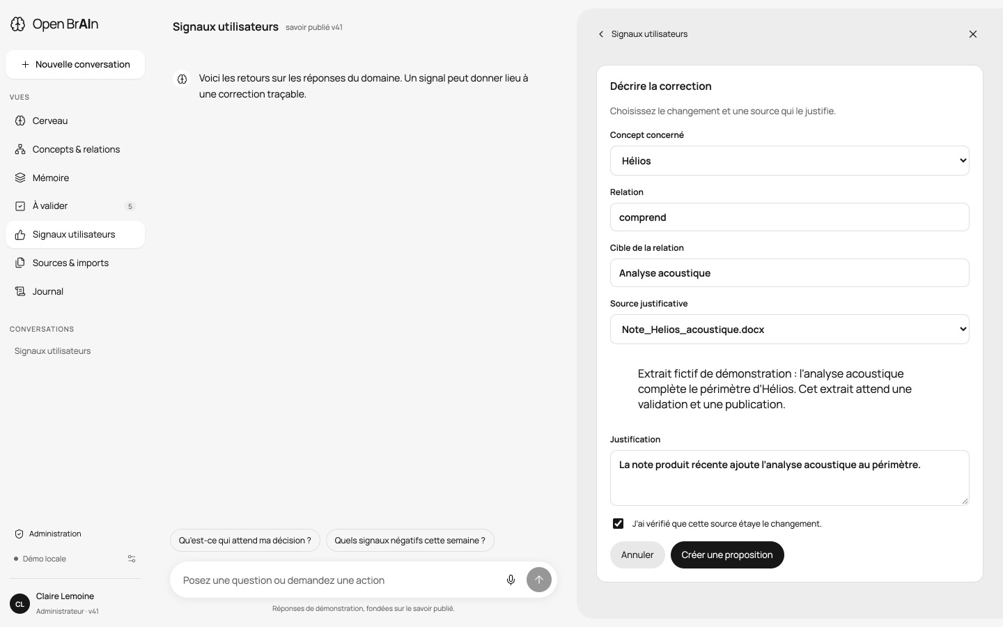 Signal utilisateur transformé en correction avec source justificative