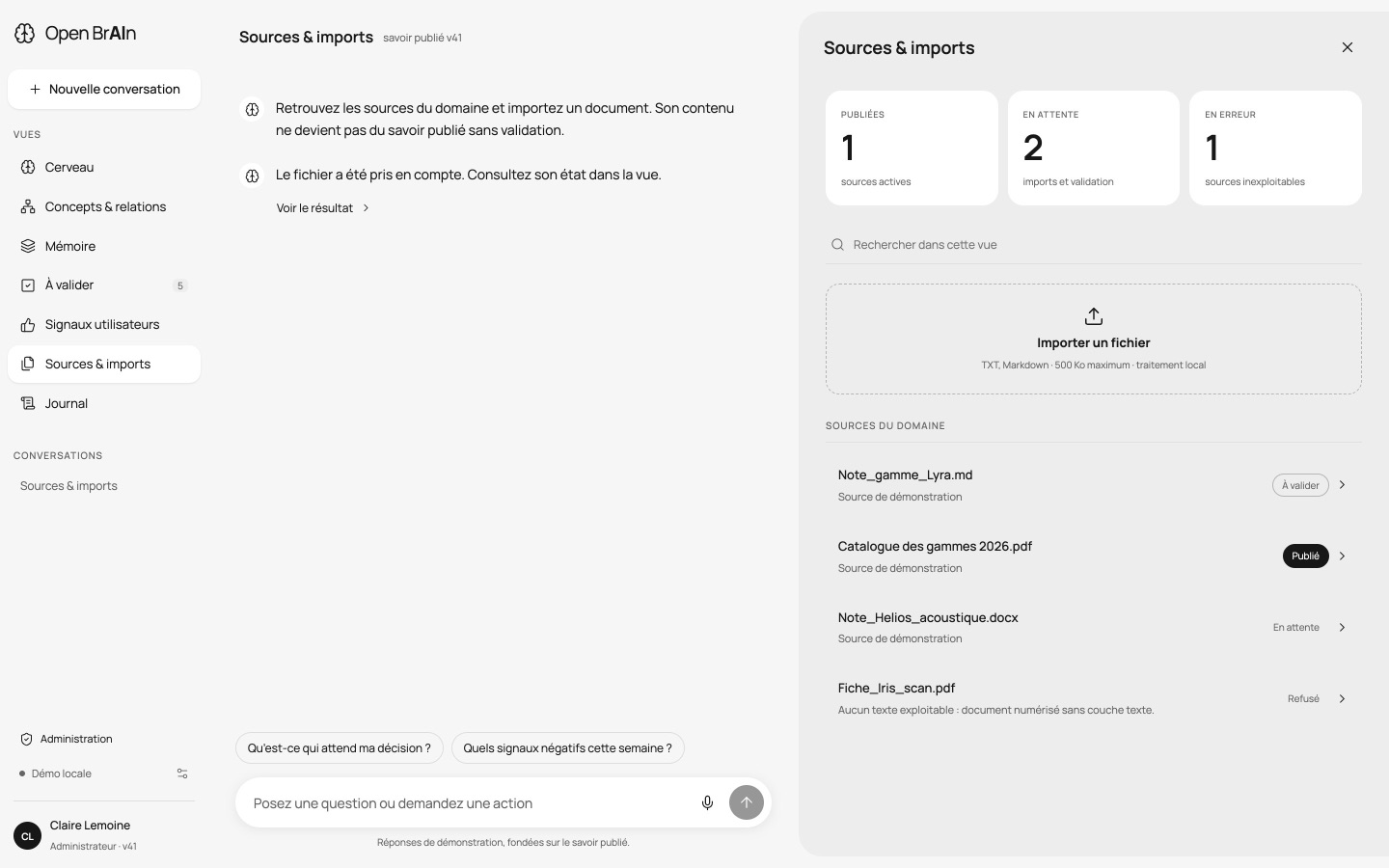 Liste des sources avec leurs statuts : publiée, en attente, refusée